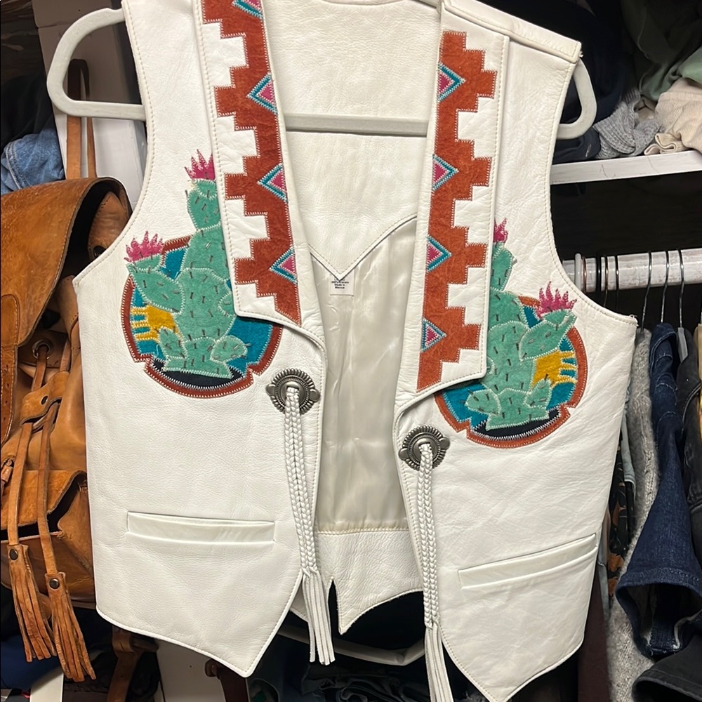 Vintage Western Leather Vest with Cactus Embroidery